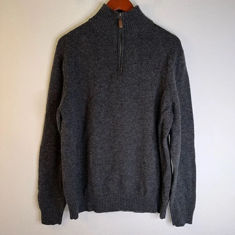 J. Crew Mens 100% Lambswool‎ Charcoal 1/4th Zip Ribbed Trim Pullover Sweater